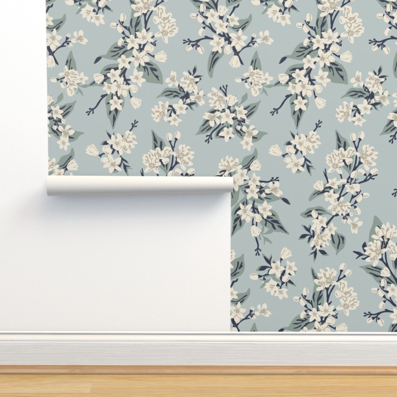 Vintage Blue Flowers Dusty Pretty Traditional Delicate Pastel Farmhouse Transitional Lemon Custom Removable Wallpaper by Spoonflower Peel & Stick Wallpaper 2FT Wide